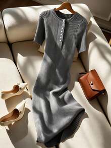 SHEIN Franclia Vestido de suéter de sirena ajustado con cuello redondo elegante, botones exquisitos y textura, al estilo europeo y estadounidense de blogger - Gris Oscuro - Ver 1