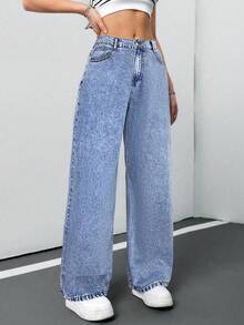 SHEIN Tall CURVE 女士加大码深蓝色宽松阔腿牛仔裤，夏季7月4日工作机场度假俱乐部高腰复古/冬季牛仔裤 - 淺色水洗藍 - 查看 5