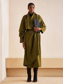 Zivah 2025冬季新款圣诞新年生日派对宴会学院风学生日常外出百搭休闲邮轮旅行网红热销街头风优雅通勤商务休闲不对称领长袖腰带不对称下摆宽松军绿色大衣冬季长款圣诞外套新年外套女式外套 - 橄欖綠 - 查看 7