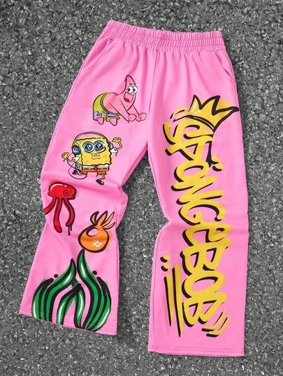 SpongeBob SquarePants | SHEIN Pantalones de chándal con pierna acampanada y bolsillo con gráfico de letras y dibujos animados para hombre