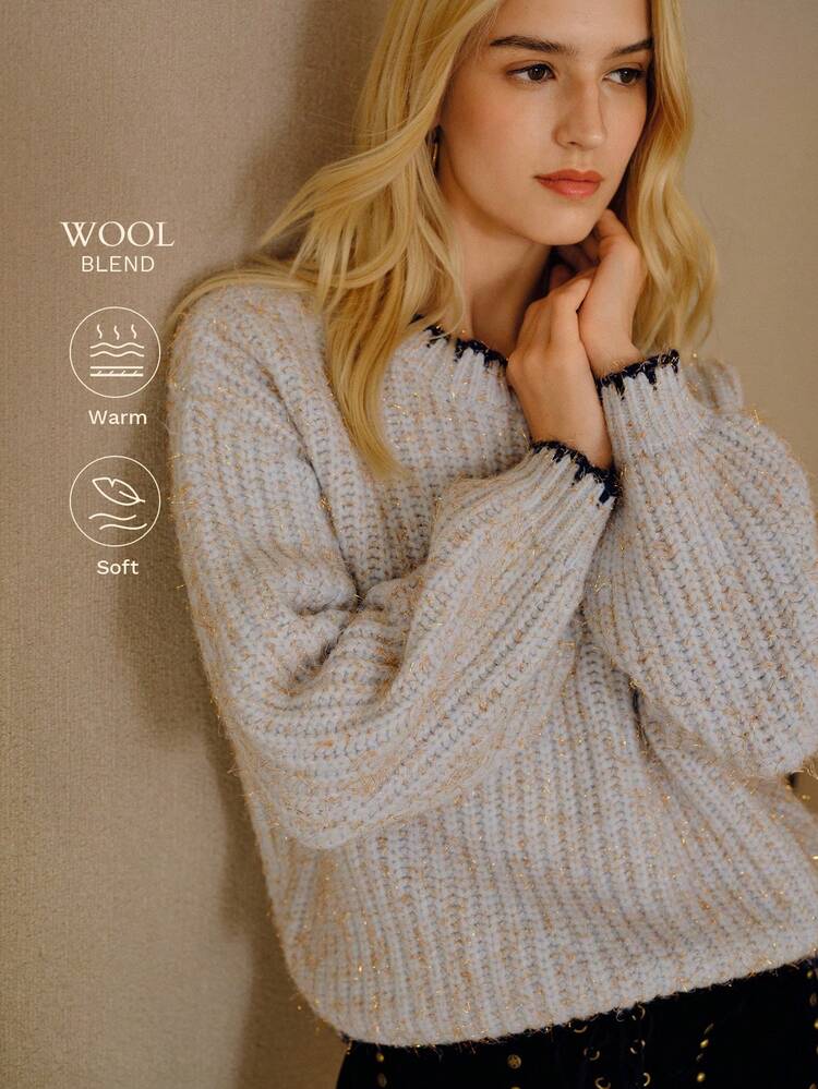CONTRAST COLOR METALLIC THREAD KNIT PULLOVER SWEATER, AUTUMN/WINTER
