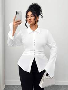 SHEIN Elenzya Áo cánh dài tay xếp ly đính nút ngọc trai trơn màu cho nữ - trắng - Xem 7