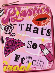 Mean Girls | SHEIN 1pc Piece Cute Cartoon Pattern Printed Zipper Pu Leather Short Wallet, Organ Compartment, Card Storage, Suitable For Students, Ladies, That's So Fetch, Queen Bee - Pink - View 5