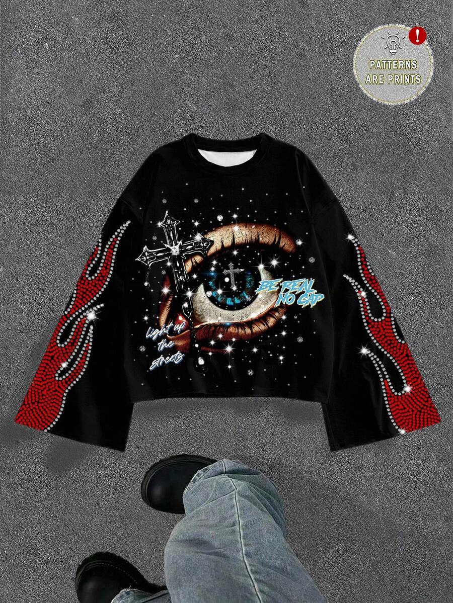 Manfinity Roghcode 男式 ZONE917 短款星空水钻眼睛和火焰图案印花黑色喇叭袖长袖 T 恤，秋季 - 彩色 - 查看 1