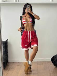Coolane Women's Spring/Summer Streetwear Sportswear Breathable Mesh Sport Black Shorts - Red - View 2