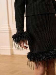 Girls Elegant Casual Round Neck Long Sleeve Fitted Fuzzy Ribbed Splice T-Shirt With High Waist Short Skirt Set, Back To School Outfit, Suitable For All Seasons, Christmas, Halloween Party Fall Winter - Black - View 5