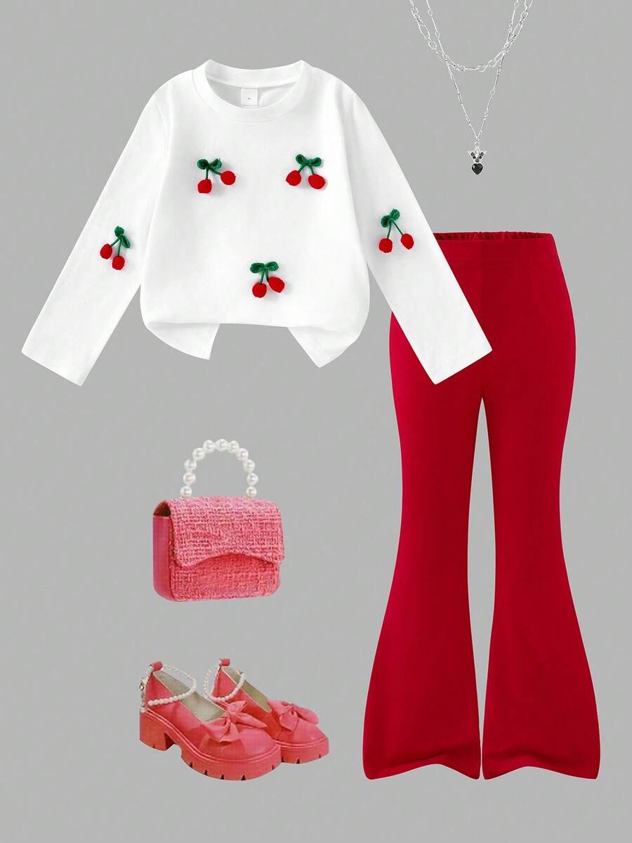 SHEIN ChillGRL 8-12 Years Old Girls 2pcs Set: White Round Neck Long Sleeve T-Shirt With 3D Cute Cherry Decoration, Snug Fit Red Bell-Bottom Pants, Back To School Versatile Comfortable Cute Lively Outfit, Autumn Fall Winter  Christmas - Red - View 1