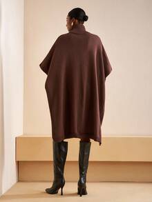 Zivah 2025 Winter New Style, Christmas, New Year, Birthday, Party, Banquet, Preppy Style, Student Wear, Everyday Outing, Basic Versatile, Casual, Cruise Travel, Influencer Style, Street Style, Elegant, Commuter, Business Casual, Exaggerated Turtleneck With Fold-Down Cape Style, High Front Slit, Dark Brown, Autumn/Winter Sweater Pullover, Winter Sweater Jacket, Christmas Sweater Jacket, New Year Sweater Jacket, Women's Sweater Jacket