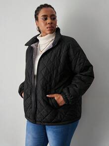 SHEIN Tall CURVE Chaqueta casual de talla grande para mujer, de unicolor y con forro térmico, para otoño/invierno - Negro - Ver 3