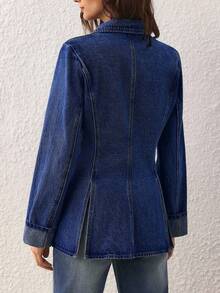 Selenza 女式秋季翻领长袖单排扣休闲牛仔西装外套 - 藍色 - 查看 2