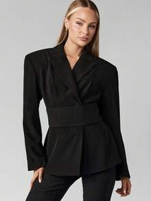 MISSGUIDED Áo khoác vest nữ có thắt lưng, đệm vai có cấu trúc, tay dài, trang phục công sở chuyên nghiệp, trang phục chính thức, ve áo rộng, đệm, dự tiệc tối, thời trang xuân thu - màu đen - Xem 5
