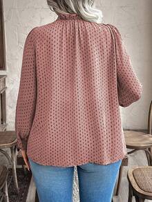 EMERY ROSE Plus Size Polka Dot Print Puff Sleeve Casual Vacation Shirt Fall - Pink - View 2