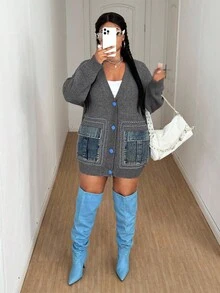 Maweii Áo len cardigan dệt kim chắp vá dáng rộng cổ chữ V tay dài màu xanh nhạt phong cách thường ngày cho nữ, thiết kế thời trang, trang trí nút cài vai trễ, chất liệu denim, tay dài, túi đôi, dáng rộng, cỡ lớn, áo khoác len dệt kim hở phía trước, mùa xuân thu đông - Nhiều màu - Xem 3