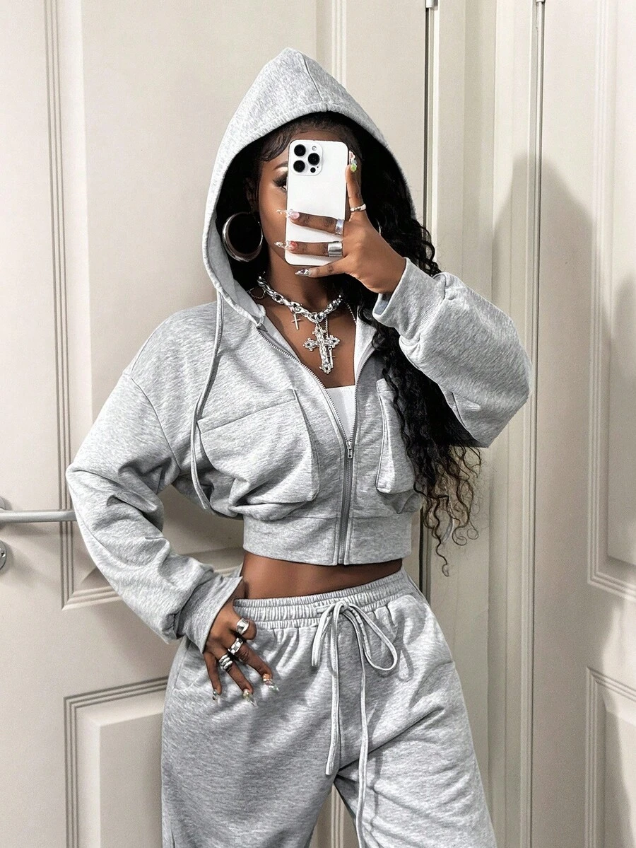 BamGleam 女士休闲简约拉链抽绳卫衣，秋季款 - 淺灰色 - 查看 1