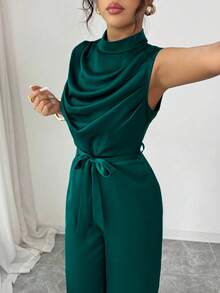 Elenzga Women's Elegant Green Mandarin Collar Pleated Ruffle Waist Sleeveless Jumpsuit, Spring/Summer - Olive Green - View 7