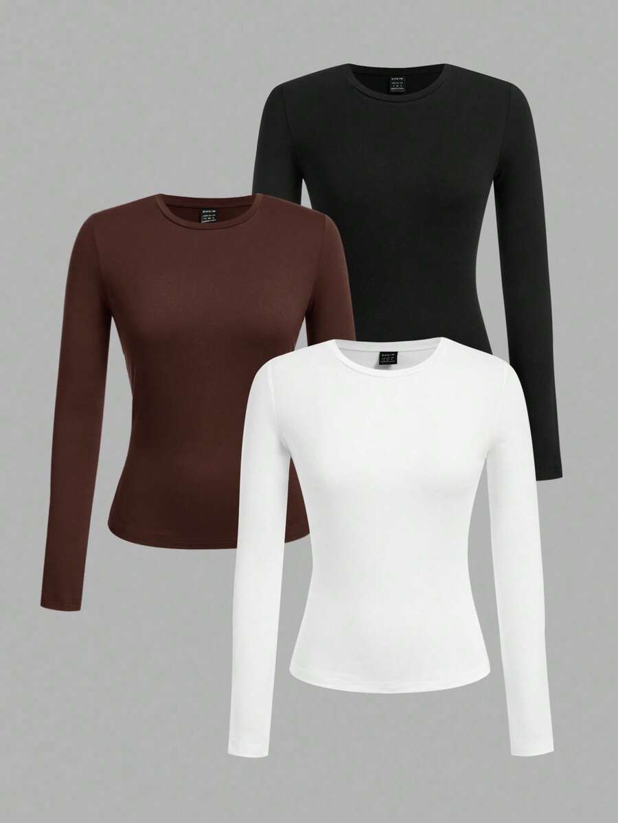 SHEIN Tall 女款 3 件組修身圓領長袖 T-shirt 套頭上衣,白色與棕色,秋季基礎款,冬季日常純色休閒修身上衣,適合高個女性 - 彩色 - 查看 1