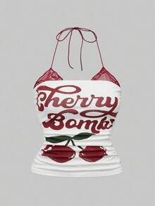 ROMWE 2 件樱桃印花和朋克藤蔓印花撞色蕾丝露背大码紧身背心套装 - 彩色 - 查看 2