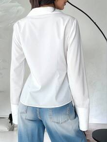 Elenzga 大码女式单排扣休闲修身白色喇叭袖衬衫 - 白色 - 查看 2