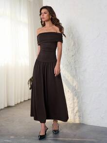 SHEIN Tall Đầm dài xếp ly cổ chữ A một bên vai cho nữ kèm chân váy lớn, thanh lịch và đa năng khi đi làm, phù hợp cho mùa thu đông - Cà phê nâu - Xem 4