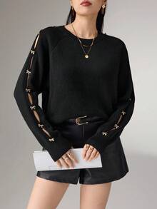 Heiryn 女士圆领插肩袖时尚毛衣，饰有金属蝴蝶结，秋冬款，黑色上衣，黑色针织毛衣，女士毛衣，金色蝴蝶结毛衣 - 黑色 - 查看 5