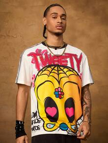 LOONEY TUNES X SHEIN 男士夏季字母卡通图案圆领短袖T恤 - 白色 - 查看 5