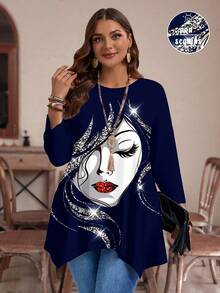 EMERY ROSE Plus Size Women Face Print Casual Asymmetrical Hem Round Neck Loose 3/4 Sleeve T-Shirt, Autumn/Winter Fall - Blue - View 3