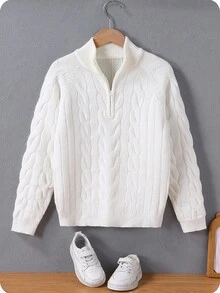 SHEIN 男童粗针织半拉链高领毛衣，休闲套头衫，适合居家、外出和聚会，秋冬，奶油白色 - 米色 - 查看 7