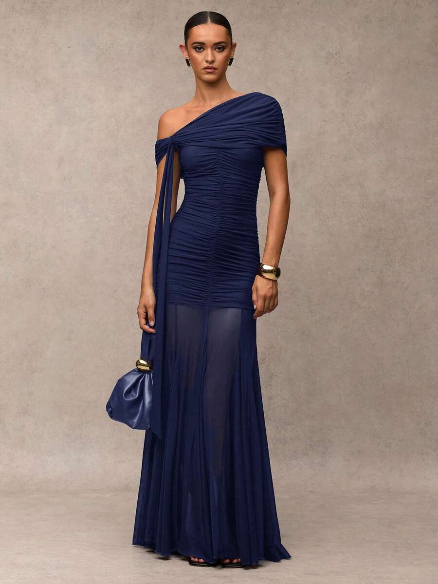 SHEIN BAE 女士纯色简约日常穿着不对称肩带连衣裙 - 藏蓝色 - 查看 1