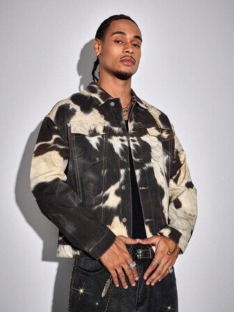 Street Life Men's Retro Contrast Color Print Denim Jacket