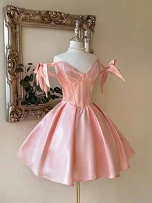 Lovelzi Elegant Luxurious Romantic Shiny Satin Off Shoulder Exaggerated Big Bow Sleeve Pleated Peplum Hem Dress, Suitable For Evening Party, Wedding, Gala - Baby Pink - View 3