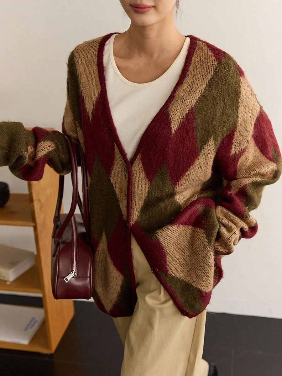 Dazy-Less 女士宽松休闲格子针织开衫，秋冬 - 棕色 - 查看 1