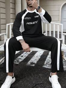 Manfinity Homme Plus Size Men's Letter Print Long Sleeve Sweatshirt And Sweatpants Casual Suit , Fall Clothes, Cozy Outfits