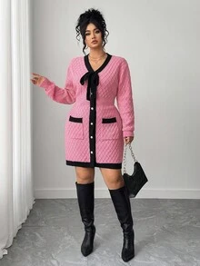 Elenzga Plus Size Women's Autumn Long Sleeve Knotted Front Pocket Design Elegant Knit Dress