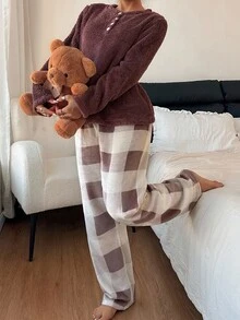 Dream Adore Bộ đồ ngủ nữ mềm mại in họa tiết kẻ caro màu tương phản, trang phục thu đông, trang phục ấm áp - màu nâu - Xem 4