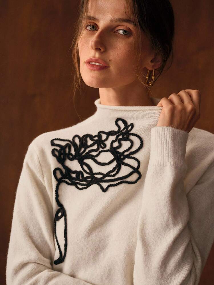 EMBROIDERY DETAIL FUNNEL NECK SWEATER
