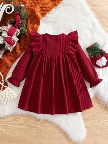 Neugeborenes Baby Mädchen Lässig einfach süß gestrickt weich mit elastischem Anti-Grab Material einfarbig Rundhals Rüschen Langarm Taille Kleid geeignet für Geburtstagsfeiern, Abendveranstaltungen, Aufführungen, Hochzeiten, Taufen, Eröffnungszeremonien, geeignet für den täglichen Gebrauch, geeignet für die Schule, geeignet für Reisen, geeignet für Herbst- und Wintersaison