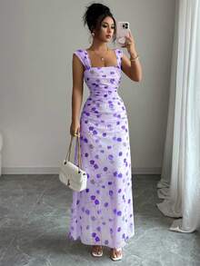 Elenzga New Women's Square Neck Mesh Floral Print Waist Ruched A-Line Dress, Elegant For Dates, Vacation, Waist Cinching, Flattering, Spring/Summer - Purple - View 7