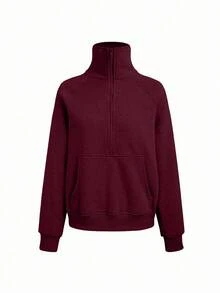 SHEIN Cottnline Women's Solid Color Raglan Sleeve Casual Loose Half-Zip Sweatshirt - Burgundy - View 3