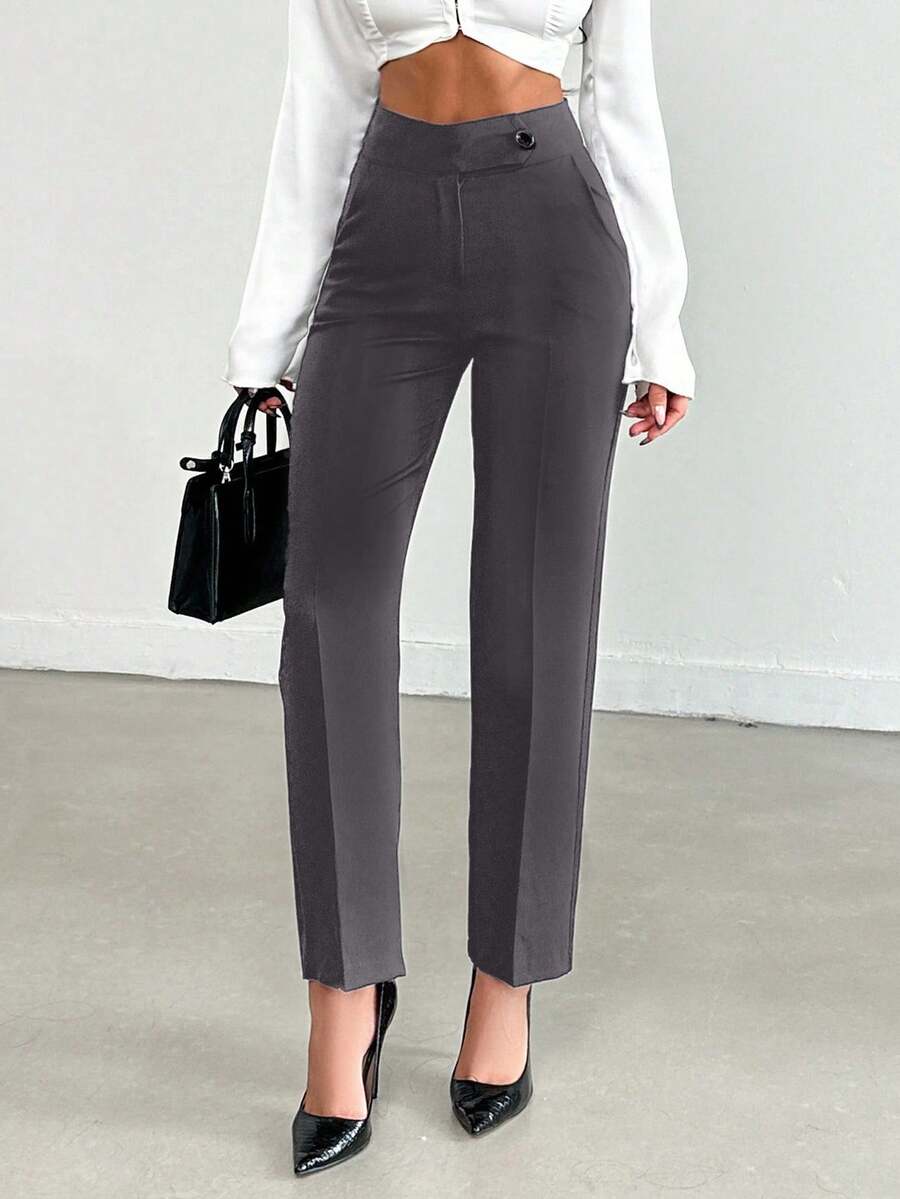 SHEIN Tall Size Women's Solid Color Press Crease Pocket High Waist Elegant Pants - Dark Grey - View 1
