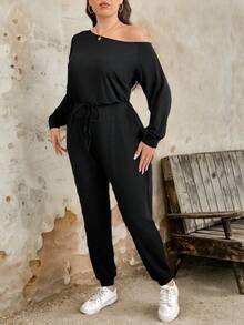 SHEIN LUNE 大码女式黑色斜肩长袖松紧腰休闲连体裤，适合工作和外出，秋冬季 - 黑色 - 查看 3