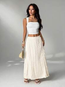 SHEIN PETITE 2025 Summer Women's Solid Color Paper Bag Waist Fashion Long Casual Skirt, Suitable For Independence Day, St. John's Day, Beach, Vacation, Graduation, Office, Beach Party, Cocktail Party, Holiday Style, Pleated, Ruffled, Skirt