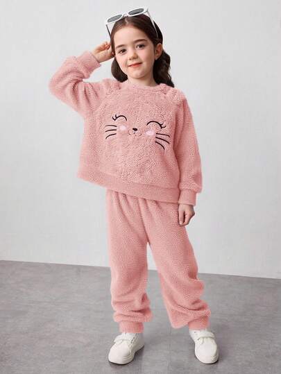 SHEIN 2 件套年轻女孩双面羊毛圆领运动衫和运动裤，女孩秋季休闲装