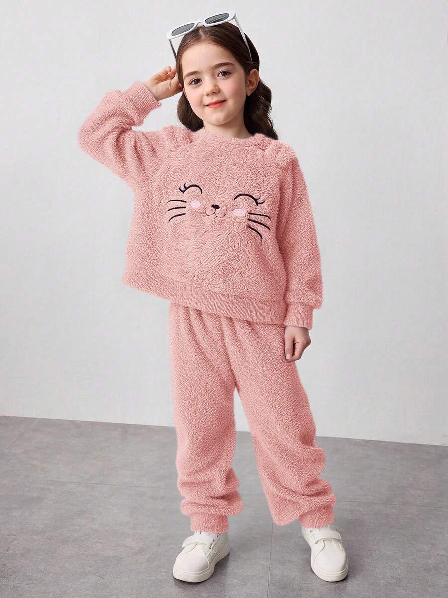 SHEIN 2 件套年轻女孩双面羊毛圆领运动衫和运动裤，女孩秋季休闲装