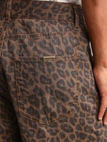 SUMWON 棉质豹纹阔腿宽松牛仔裤高腰牛仔裤舒适街头风节日裤秋冬时尚休闲裤 - 棕色 - 查看 8