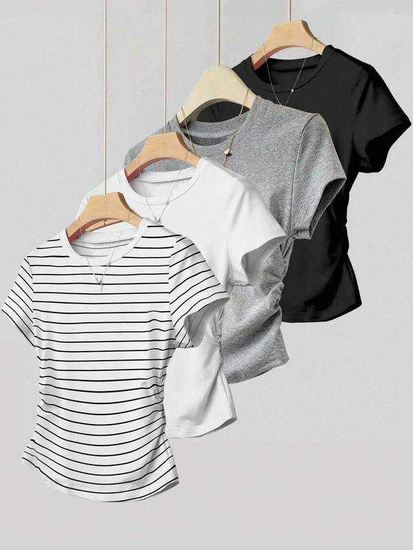 Sparklyn 4pcs Teen Girl Summer Casual Everyday Commute Minimalist Pleated Fitted Short Sleeve T-Shirts