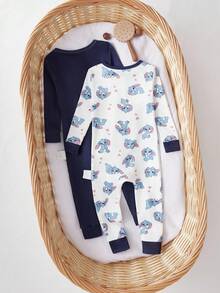 2 件套男婴柔软舒适贴身睡衣套装，可爱卡通兔子印花拉链长袖连体衣 - 藍白色 - 查看 2
