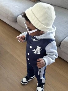 SHEIN 2pcs/Set Baby Boys Navy Blue Autumn Casual Page Boy Back-To-School Outfit,Letter "A" Print Button Sweatshirt Jacket & Colorblock Pants Tracksuit Set - Royal Blue - View 12