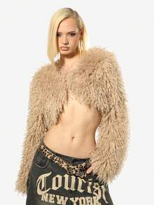 SUMWON WOMEN Luxurious Faux Fur Cropped Shrug Long Sleeve Winter Fashion Bolero Jacket Plush Teddy Bear Fuzzy Evening Party Club Wear Statement Piece