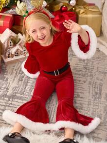 SHEIN Set de 2 piezas de camiseta de cuello redondo de punto de unicolor y leggings para niña joven