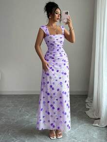 Elenzga New Women's Square Neck Mesh Floral Print Waist Ruched A-Line Dress, Elegant For Dates, Vacation, Waist Cinching, Flattering, Spring/Summer - Purple - View 6